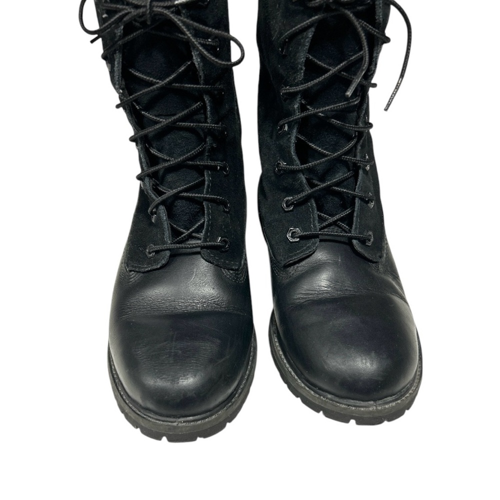 Timberland Black Leather Teddy Fleece Waterproof Fold Down Boots Lace Up Sz 9 - Picture 3 of 16